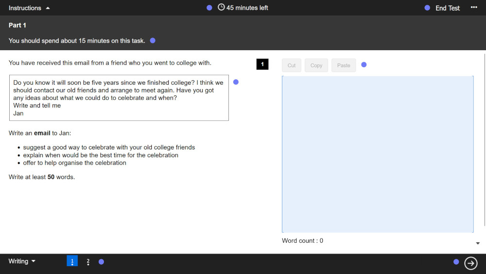 Cambridge Linguaskill Practice Test Writing Screen